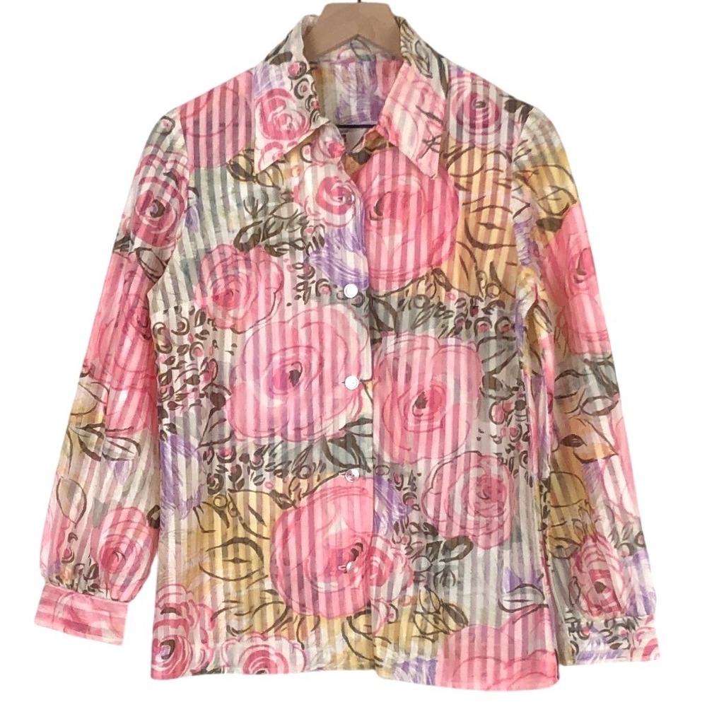 VTG 70s Montgomery Ward Floral Striped Sheer Blouse Women's Sz M Pink Button Up